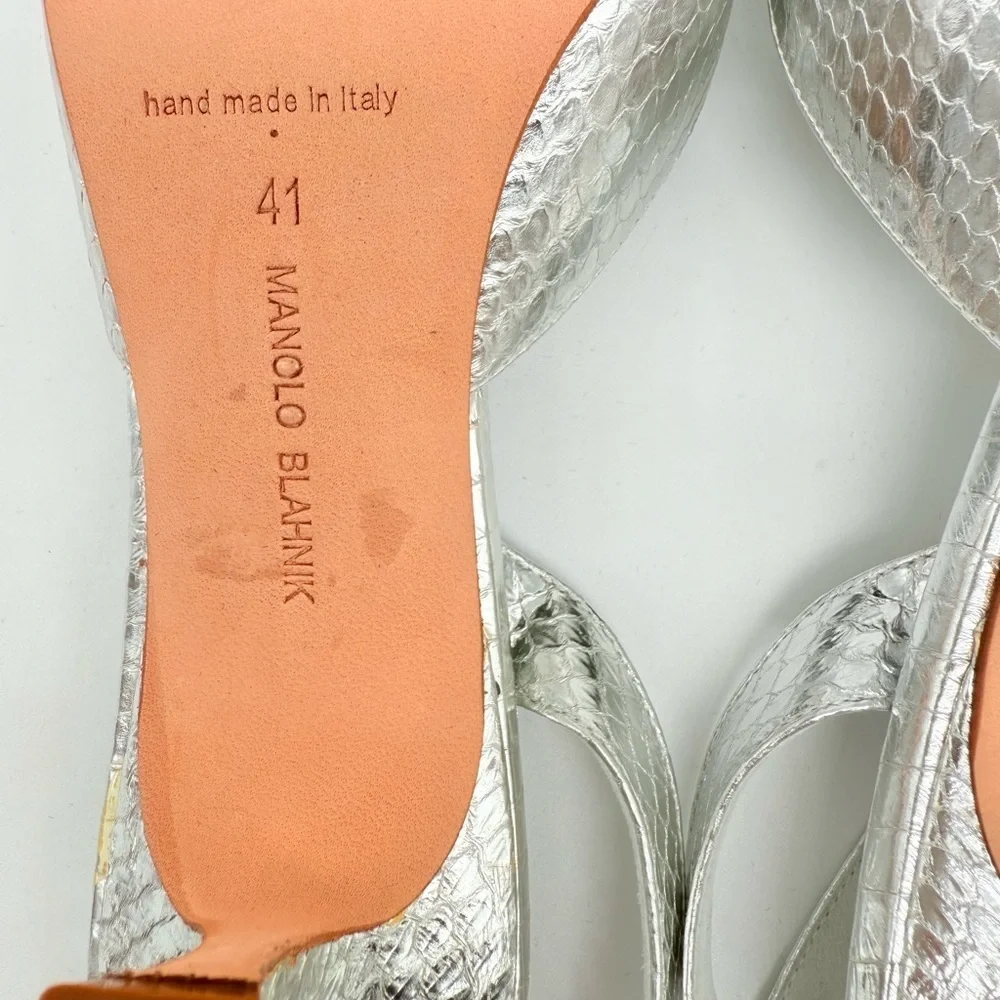 Manolo Blahnik Metallic  silver Snakeskin Carolyne 50mm slingback pumps EU 41